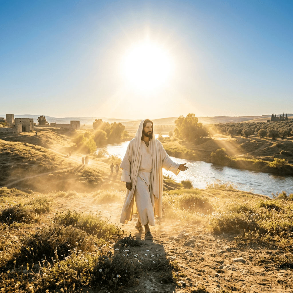 A man dressed in white robes walking on a dusty path beside a river with sunlight streaming down